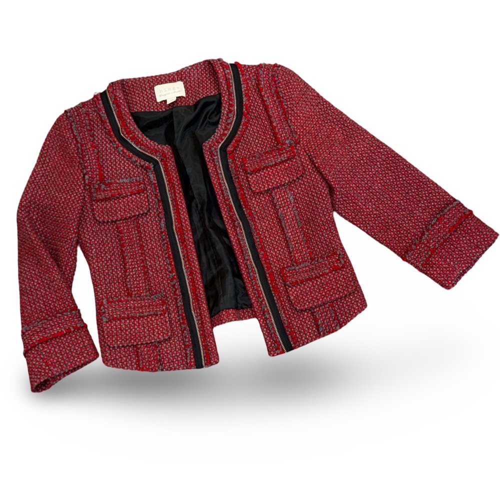 ANTHROPOLOGIE Chic Red Tweed Jacket Chanel-Inspired XS